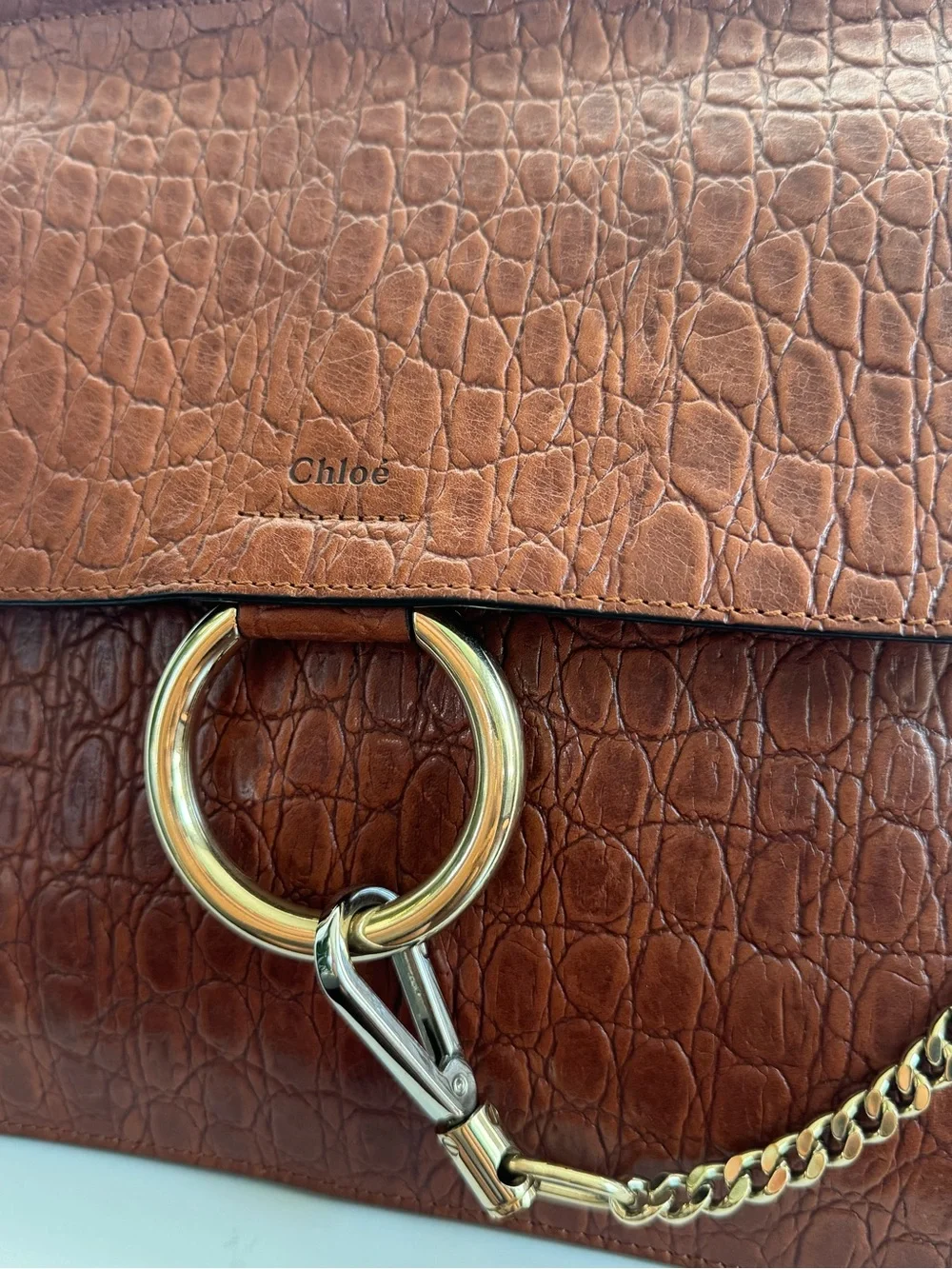 Authentic Chloé Large Faye Brown Croc Embossed Leather Shoulder Bag